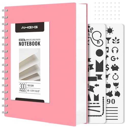AHGXG Bullet Dotted Journals Spiral Notebook,300 Pages Dotted Notebook, A5 Small Dot Grid Notebook, 100 GSM Thick Paper, Transparent Hardcover, for Artist Writing Drawing, 5.7 x 8.3, Pink