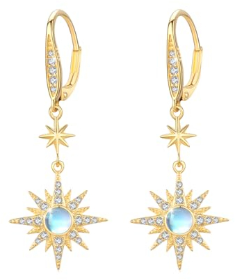 MEDWISE Mondstein Ohrringe Frauen 925 Sterling Silber Stern Ohrringe Tropfen Ohrringe Gold Weihnachten Achtzackiger Stern Hänge Ohrringe Mondstein Schmuck für Frauen Tochter Damen Freundin Liebhaber