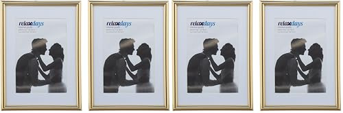 Relaxdays Bilderrahmen 2er Set, 13x18 cm, Passepartout 9x13 cm, Glasscheibe, Fotorahmen zum Stellen & Hinhängen, Gold (Packung mit 2)