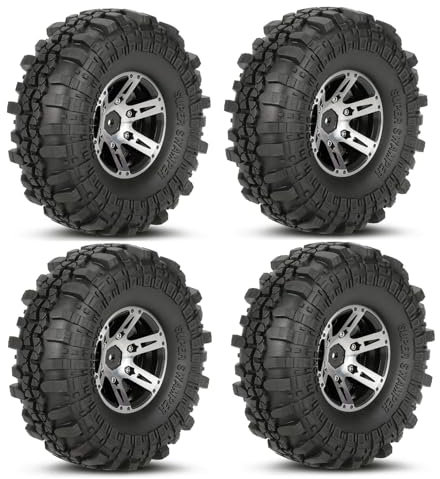 KINGCOO 4PCS 110mm 1.9 Zoll RC Crawler Metall Beadlock Räder Felgen Reifen Gummireifen Set für 1/10 RC Rock Crawler Car Teile für Axial SCX10 Tamiya TRX4 D90 TF2 (Silber/Grau)