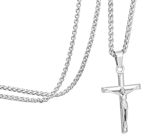 Kette Herren, Halskette Kruzifix Kreuz-Anhänger, Jesus Christus Kettenanhänger für Herren Damen, Edelstahl Silberkreuz Geschenk für Freund 50cm Weizenkette