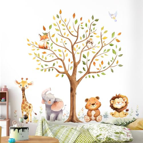 Tanlaby Waldtiere Baum Wandaufkleber Bär Hirsch Fuchs Bäume Wandsticker Cartoon Tiere Wandaufkleber Selbstklebende Abnehmbare Wanddeko für Kinderzimmer Babyzimmer Schlafzimmer