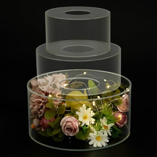 3 alzate per torte in acrilico con luci a LED, trasparenti, riempibili, impilabili, rotonde, decorative, per matrimoni, compleanni, feste, 15 cm, 20 cm, 25 cm