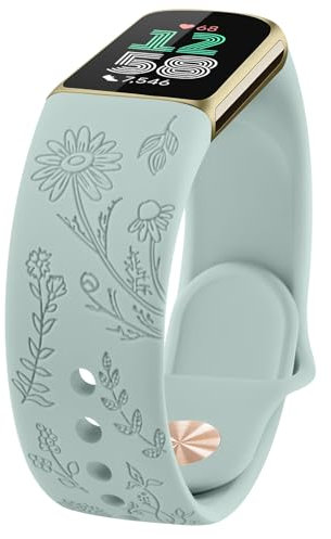 Tobfit Flower Pattern Strap compatible for Fitbit Charge 6 / Charge 5 Strap for Women Men, Adjustable Silicone Replacement Band (Nude Green)