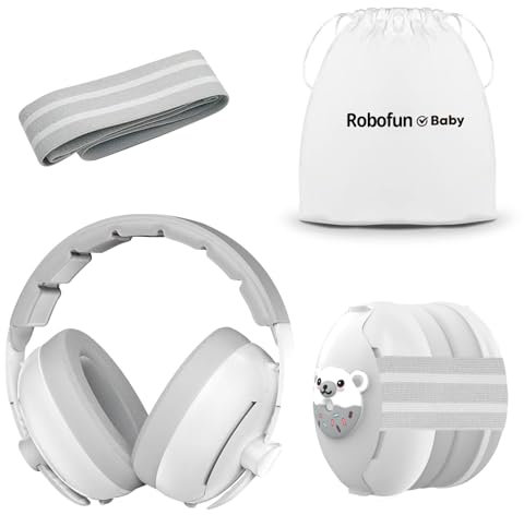 Robofun Cascos Bebe Antiruido, 2 en 1 Cascos Antiruido Bebe Protectores Auditivos para Bebés y Niños Pequeños de Hasta 48 Meses, Diseño Cómodo y Ligero Diadema Ajustable, Antideslizante y sin Presión