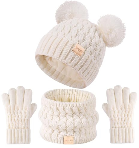 Tontuland Kinder Wintermütze Schal Handschuhe Set Kinder warm stricken Fleece gefüttert PomPom Hut für Kinder im Alter von 3-9, perfekt für Jungen und Mädchen