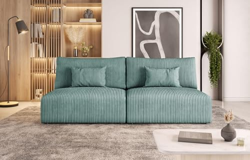 Moderno Sofa mit Schlaffunktion Modulo - Modern Cord Sofa mit 2 Sitzen und Robusten Überzug - Modular Schlafcouch - Couch mit Bettzeugcontainern - 210x80x108 cm - Türkis