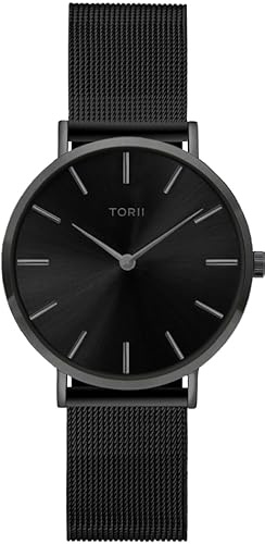 TORII Damenuhr Schwarz Edelstahl - rund Quarz A34BS.BA Milanaise-Armband Strichindizes wasserdicht 50 m