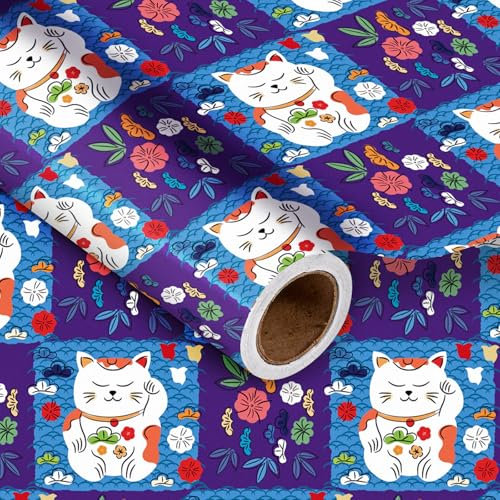 LeZakaa Geschenkpapierrolle mit Katzenmotiv - Glückskatze & Blumenmuster für Katzenliebhaber, Katzenparty Geschenkpapier, für Urlaub, Babyparty, Geburtstag - 43,2 cm x 16,4 Fuß (23,2 m²)