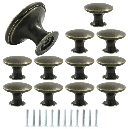 Cjueiom 12 Pcs Vintage Cabinet Knobs, Bronze Dresser Knobs, 30mm Round Antique Kitchen Cupboard Handles with Screws for Cabinets, Drawers, Wardrobes, Furniture