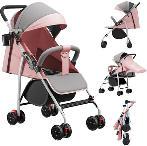 OHMG Kinderwagen mit kompaktem Gehstock, 0 – 36 kg, Reisekinderwagen mit Wattepads und Moskitonetz, Einkaufskorb mit ausziehbarer Funktion, ausziehbares Verdeck (Puder)