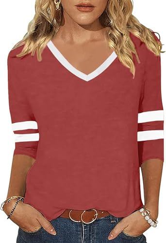 T-shirt à manches 3/4 pour femme - Col en V rayé - Hauts mignons - Haut de sport - T-shirt pour adolescentes et filles, Rose foncé, S