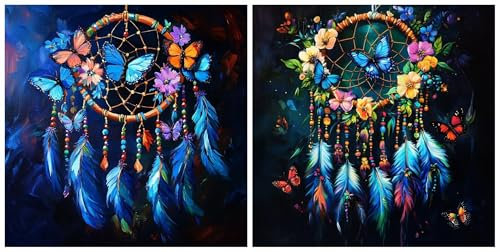 2 Stücke Diamond Painting Erwachsene TraumfäNger, Diamant Painting Bilder Schmetterling, DIY Selbstklebendes Kunstkit für Bastelset Erwachsene, 5D Mosaikherstellung für Home Wand Décor 80x80 cm S-17