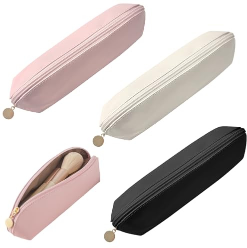 VLYX 3 PCS Makeup Brush Travel Bag Large PU Leather, Waterproof Cosmetic Organizer Zipper Pouch, Portable Anti-Fall Brush Holder for Travel Outdoor Bags