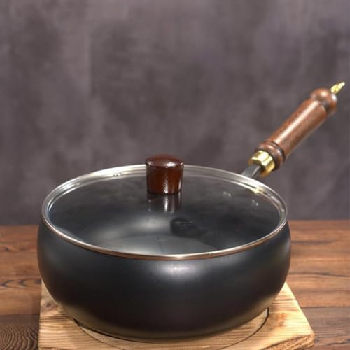 Generisch 2025 Unbeschichtete Eisenpfanne,Japanische handgeschmiedeter Antihaftpfanne,Anti-Verbrennungs-Kochpfanne mit langanhaltender Eisenverarbeitung, Gas/Induktionsherde(28cm Glasabdeckung)