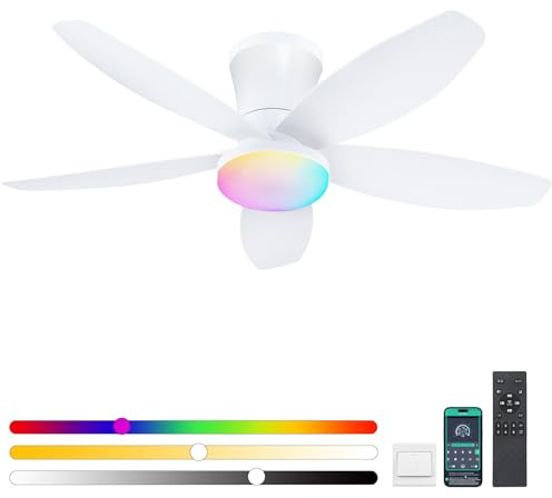 Surtime 92CM Deckenventilator mit RGB Beleuchtung und Fernbedienung/App-Steuerung, dimmbare LED-Deckenventilatoren für Schlafzimmer, Innen-/Außenbereich(weiß)