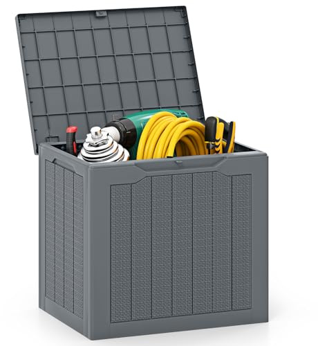 HOMASIS Auflagenbox wetterfest, Gartenbox aus PP-Rattan, abschließbar Aufbewahrungsbox mit Deckel, Gartenmöbel Kissenbox Auflagentruhe Gartentruhe Outdoor (Grau, 96L)