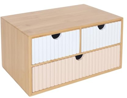 Relaxdays Drawer Box, Bamboo & MDF, 3 Ribbed Drawers, HWD: 15 x 30 x 20 cm, Desk Organiser, White/Pink