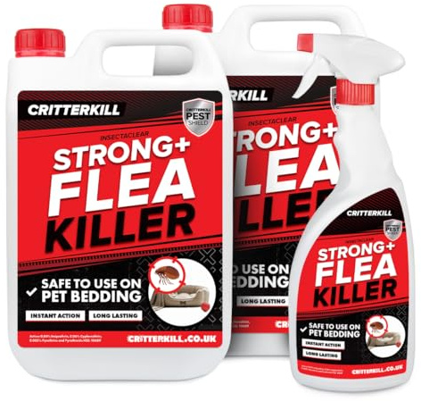 CritterKill Strong Flea Killer Spray for the Home 2 x 5L + 1L Trigger Bottle - Safe for use on Pet Bedding, Bedding, Mattresses, Carpets & More - Child and Pet Safe - Kills Fleas Quickly - Covers 88m2