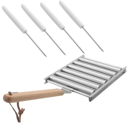 Sosoport Edelstahl Bbq Hot Dog Roller mit Holzgriff Inklusive Grillrost und Spießen Abnehmbar Gleichmäßiges Grillen für Würstchenersatz und Hot Dogs für Holzkohlegrill und Outdoor Bbq