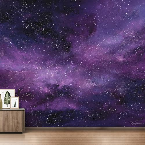Dark Purple Night Sky Photo Wallpaper, Galaxy Starry Sky Wallpaper Mural, 366x254cm Wall Paper for Bedroom Living Room, Non-Woven Wall Mural Room Decor EL&D75