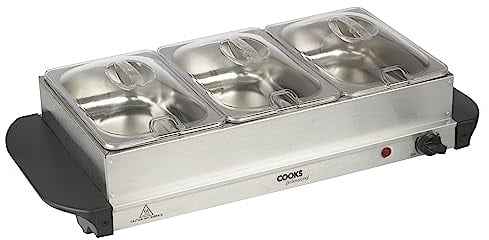 Cooks Professional 3-Section Buffet Warmer 4.5 litre (3 x 1.5L) Capacity with Hotplate Function & Adjustable Temperature Control Dial | 200W Portable Electric Food Serving Tray | Silver