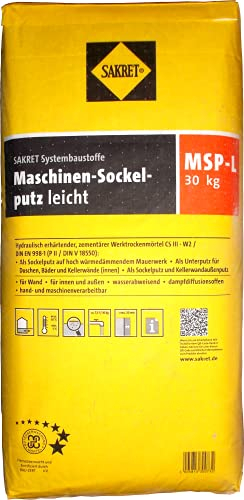 Sakret 30kg Maschinen-Sockelputz leicht MSP-L Grau als Sockelputz auf hoch wärmedämmendem Mauerwerk und als Unterputz für Duschen, Bäder und Kellerwände