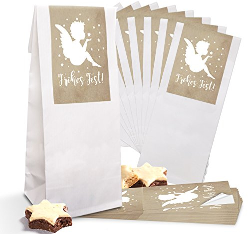 Logbuch-Verlag 25 kleine weiße Papiertüte Papierbeutel Weihnachten beige Engel 7 x 4 x 20,5 cm Aufkleber Gebäck Lebensmittel Plätzchen Pralinen Verpackung zum Befüllen
