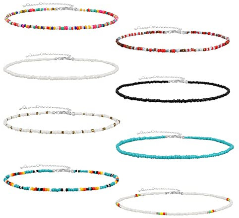 8-Piece Seed Bead Choker Set - Adjustable Beach Necklace Jewelry Accessories with Natural Cowrie Shells for Women & Girls