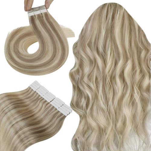 Hetto Tape Extensions Echthaar Blond Tape in Extensions Echthaar Highlights Mittel Blond to Goldene Seidig Gerade Invisible Tape Klebe Remy Haarverlangerung 20pcs 30g 30 cm #17/23