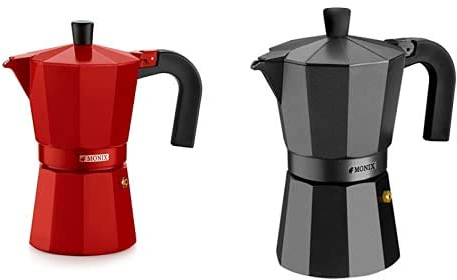 Monix M281703 Cafetera Italiana De Aluminio, 3 Tazas, Color Fresa + Vitro Noir – Cafetera Italiana De Aluminio, Capacidad 1 Taza, Apta Para Todo Tipo De Cocinas Salvo Inducción (Braisogona_M640001)