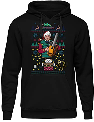 uglyshirt89 8 Bit Griswold Herren Kapuzenpullover | Schöne Bescherung Pullover - Weihnachts Hoodie Herren - Xmas Hoodie | Schwarz (XL)