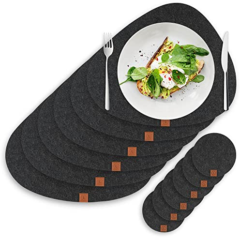 Lindenberg Living Tischset Filz mit Rutschfester Rückseite | 6 Platzsets & 6 Glasuntersetzer in Tropfenform | Platzset abwischbar in Anthrazit | Waschmaschinen geeignet | Platzdeckchen abwaschbar