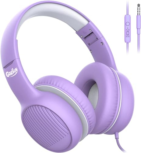 Gorsun Premium A66 Kids Headphones with 85/94dB Volume Limited, In-line HD Mic, Audio Sharing, Foldable Toddler Headphones, Adjustable, Over-Ear for School Travel (Violett)