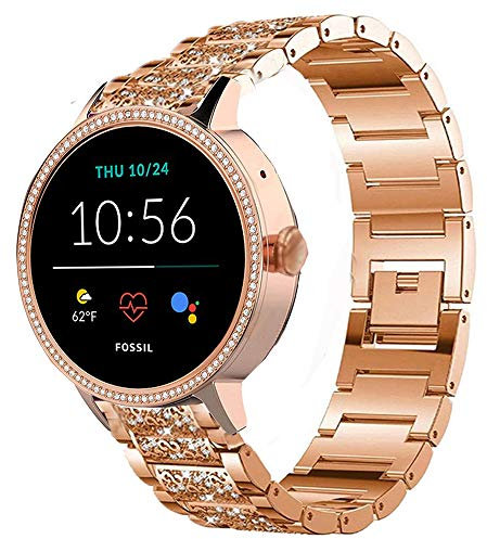 onetuo Compatible for Fossil Women Gen 5E Band, Jewelry Metal Rhinestone Diamond Bling Compatible for Fossil Women's Gen 5E 42mm Smartwatch (Rose Gold)
