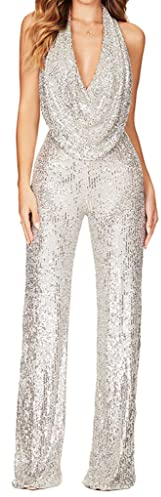 ORANDESIGNE Damen Jumpsuit Elegant Ärmellos Tiefer V-Ausschnitt Hohe Taille Overall mit Pailletten Cocktail Party Festlich Overalls Hosenanzug Playsuit Lang Romper Z Silber 36