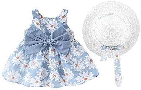 Baby Mädchen Kleidung Kleinkind Schöne Sommer Ärmellos Schleife Prinzessin Tütü Kleid A Linien Schaukel Sommerkleid+Stroh Hut 1. Geburtstag Babykleidung Festliches Taufkleid Blau Weiß 12-18 Monate