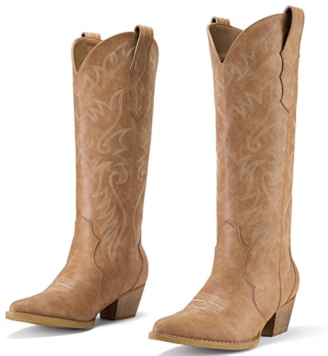 Rollda Cowboy Boots for Women Cowgirl Boots Embroidered Knee-High Western Boots Pointy Toe with Chunky Heel Tan Size 8.5