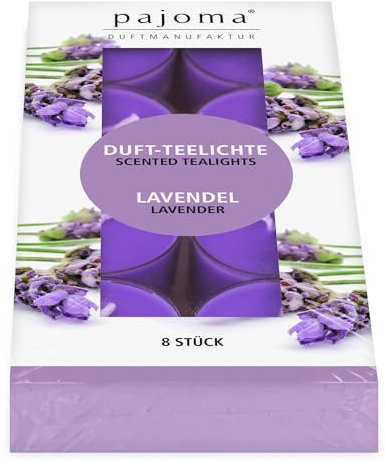 pajoma® Teelichte 8 Stück, Lavendel | Duft-Teelichte in Polycarbonathülle, Brenndauer ca. 4 Stunden - Höhe 1,5 cm ø 3,5 cm | Premium Qualität | Deko, Gastronomie, Outdoor, Windgläser, Hochzeit