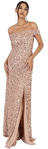 Maya Deluxe Women's Ladies Maxi with Slit Split Bardot Sleevless Sequin Embellishment Evening Gown for Wedding Guest Dress, Taupe Blush, 36