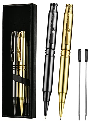 AUAUY 2 Stück Drehen Einziehbares Metall Kugelschreiber, Druckkugelschreiber mit 2 Auswechselbare Mine Geschenk Box, 1mm Unterschrift Pen für Business Büroschreibstift (Schwarz+Gold)