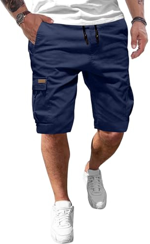 JMIERR Cargo Shorts Herren Baumwolle Kurze Hosen Herren Elastische Taille mit Taschen Blau L
