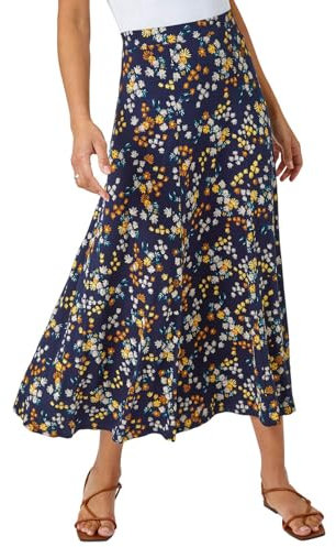Roman Originals Jersey Skirt for Women UK - Ladies Midi Maxi Floral Animal Print Autumn Winter Swing Smart Casual Work Office Cocktail Party Going Out Evening Holiday Cruise - Navy Yellow - Size 14