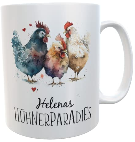 Kilala Hühner Kaffeebecher mit Namen Hühnerbecher aquarell Geschenk für Hühnerhof-Fans Mädchen Frauen Kinder (Hühnerparadies weiß)