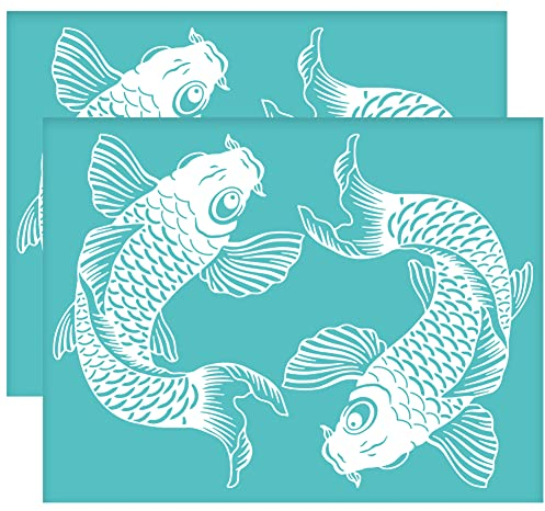OLYCRAFT 2 Stück Koi Siebdruckschablonen Selbstklebende Thema Sommer Koi Fisch Orientierungsschablonen Siebdruckschablonen Wiederverwendbar Siebdruck Mesh Transfer Zum Malen Auf Holz T Shirts-28x22cm