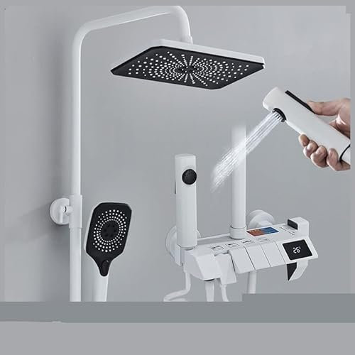 2024 New White Digital Display Shower System Set LCD Hot and Cold Bathroom Shower Set Faucet System 4 Way Rainfall Bathroom Tap Mixer Tap LED Shower Panel(Color:No Digital Grey)