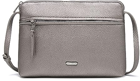 David Jones - Sac Bandoulière Femme - Sacoche Plate Petit Sac à Main Porté Epaule Simili Cuir PU - Besace Pochette Ville Classique Elégant - 2 Compartiments - Sac Téléphone Shopping Voyage - Argent