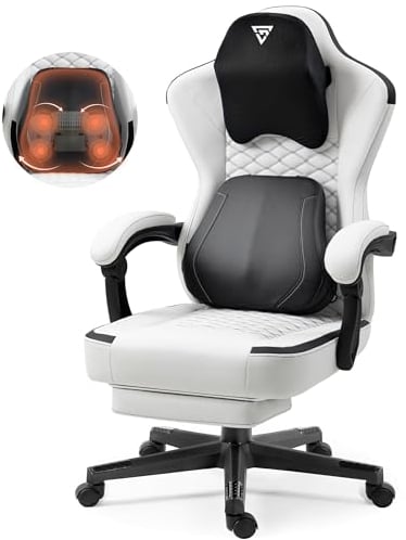 Vigosit Gaming Stuhl mit beheizter Massage Lendenwirbelstütze, Ergonomischer Gaming Computer Stuhl mit Taschenfederkissen und Fußstütze, Recliner High Back PC Stuhl für Erwachsene,weiß
