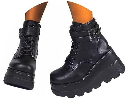 tinetill Stivali con Plateau Donna Punk Gotico Stivaletti in PU Invernali Stivali da Moto con Cerniera Stivali con Lacci con Zeppa Cinturini con Fibbia Scarpe con Zeppa
