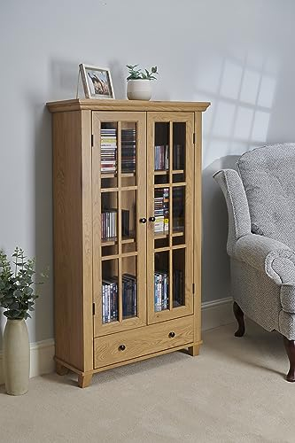 Greenhurst Display Cabinet, Media Storage with Shelving and Drawer, Double Perspex Doors H132.5 W76cm D30cm (Oak)